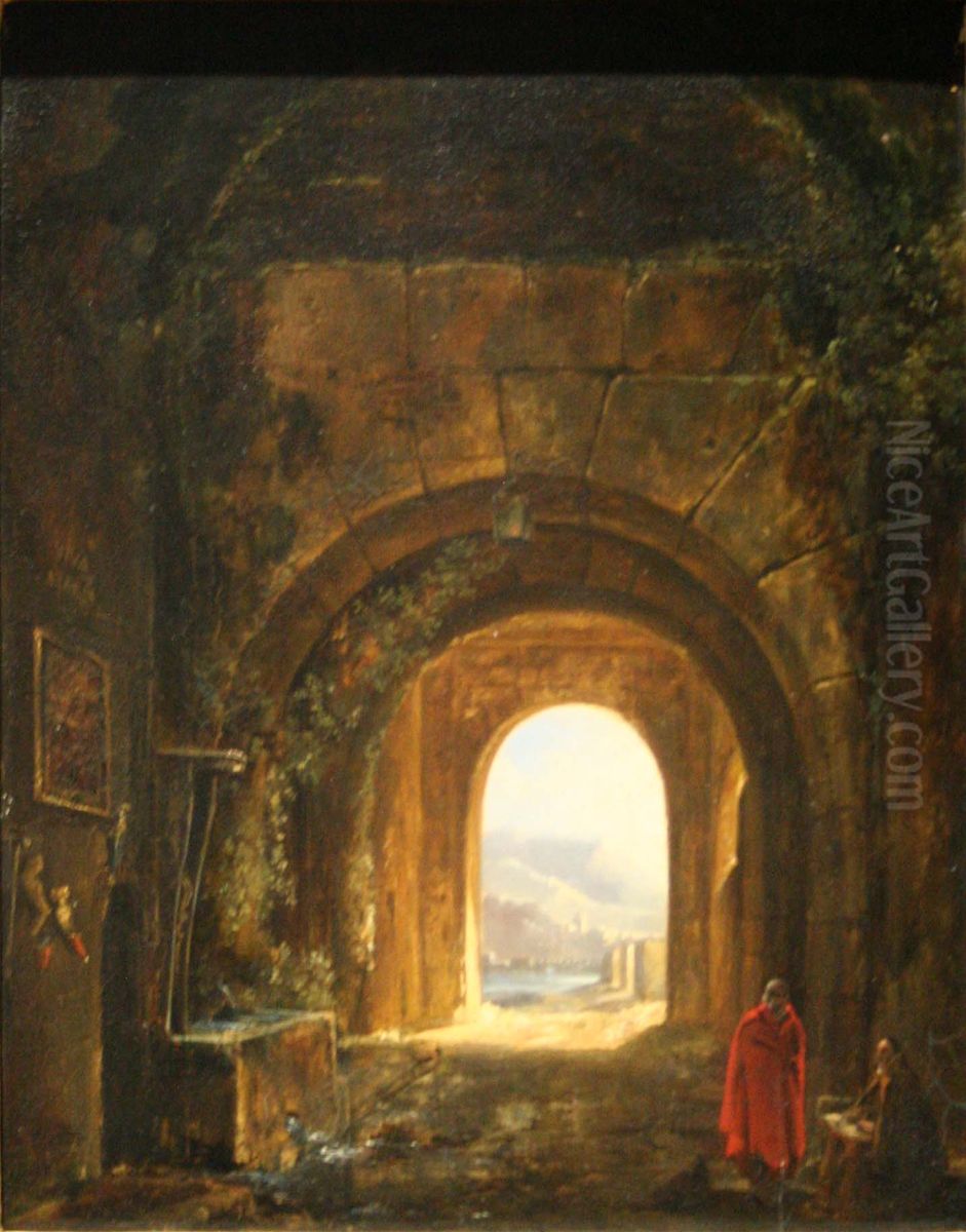 Interieur avec fond de paysage. Oil Painting by Auguste de Forbin