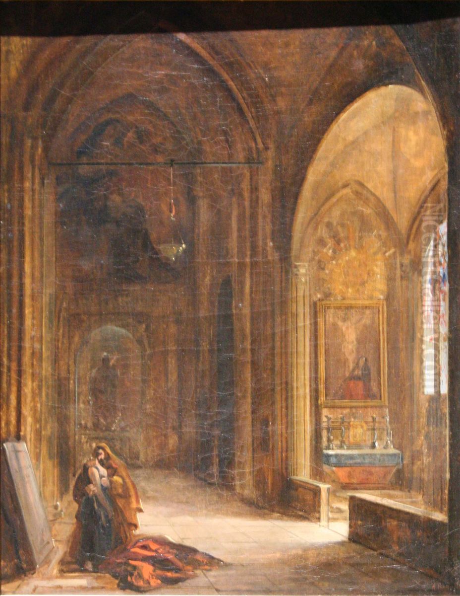 Interieur d'eglise. Oil Painting by Auguste de Forbin
