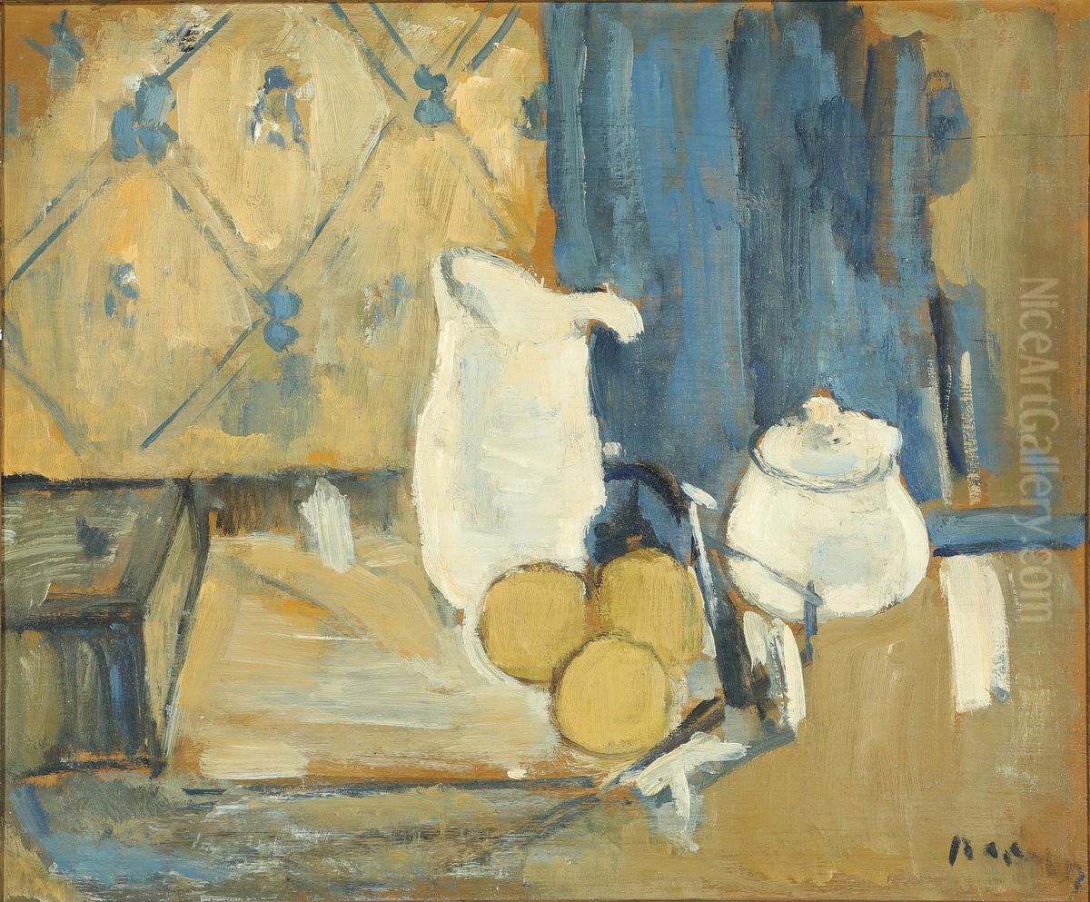 Still life with pitcher, jug and fruit on a table Oil Painting by Immanuel Ibsen