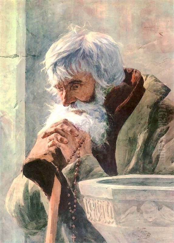Old man praying. Oil Painting by Julian Falat