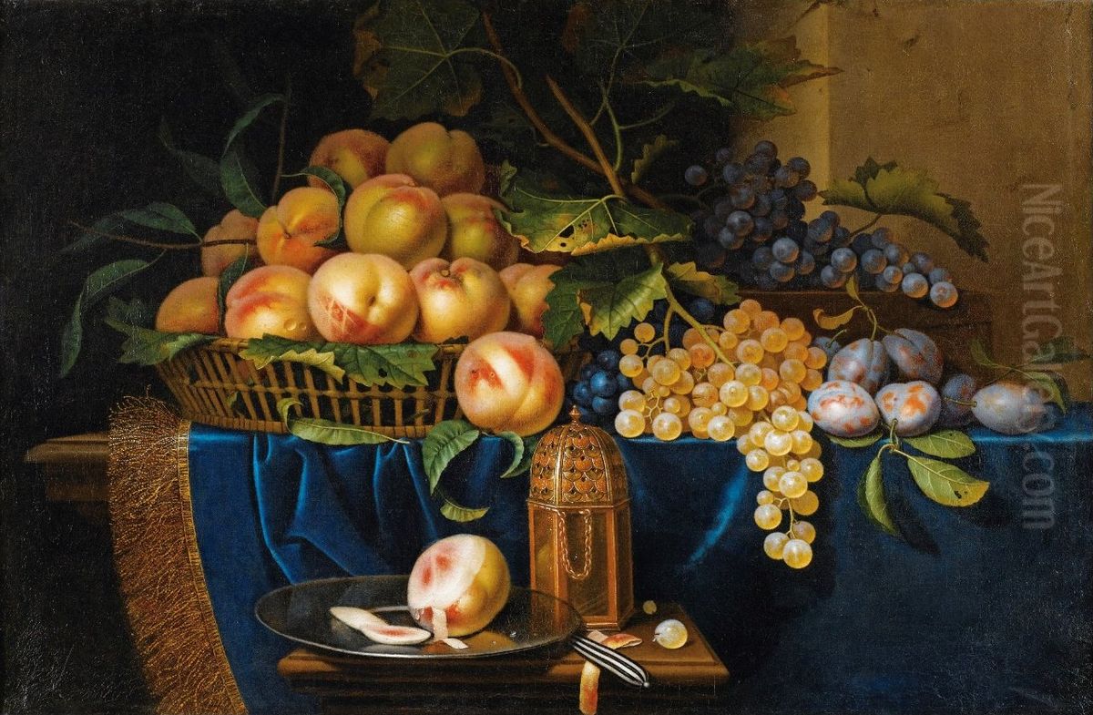 Still Life With Peaches, Grapes, Plums and Silver-Gilt Shaker Oil Painting by Paul Liegeois