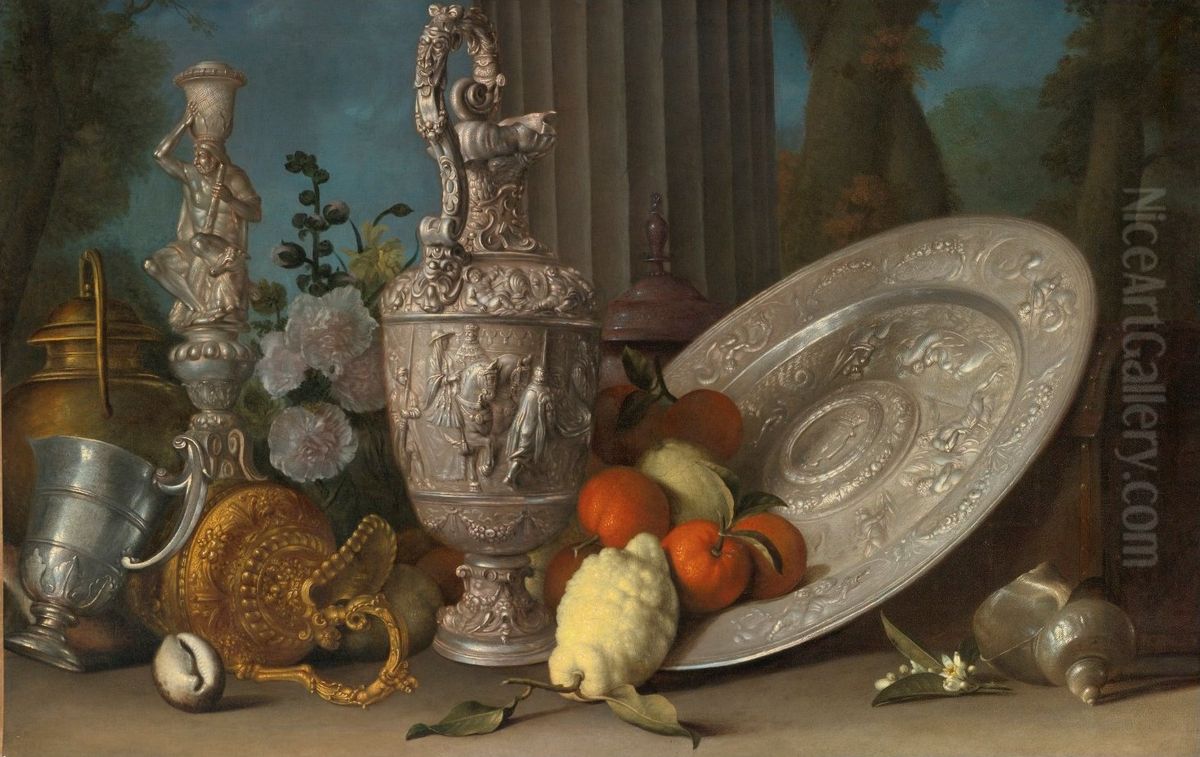 Still Life with Hercules Candlestick, Silver Gilt Ewer, Lemons and Oranges on a Sideboard Dish, Nautilus Shell, and Other Objects Arranged an a Ledge With a Column Beyond Oil Painting by Meiffren Conte