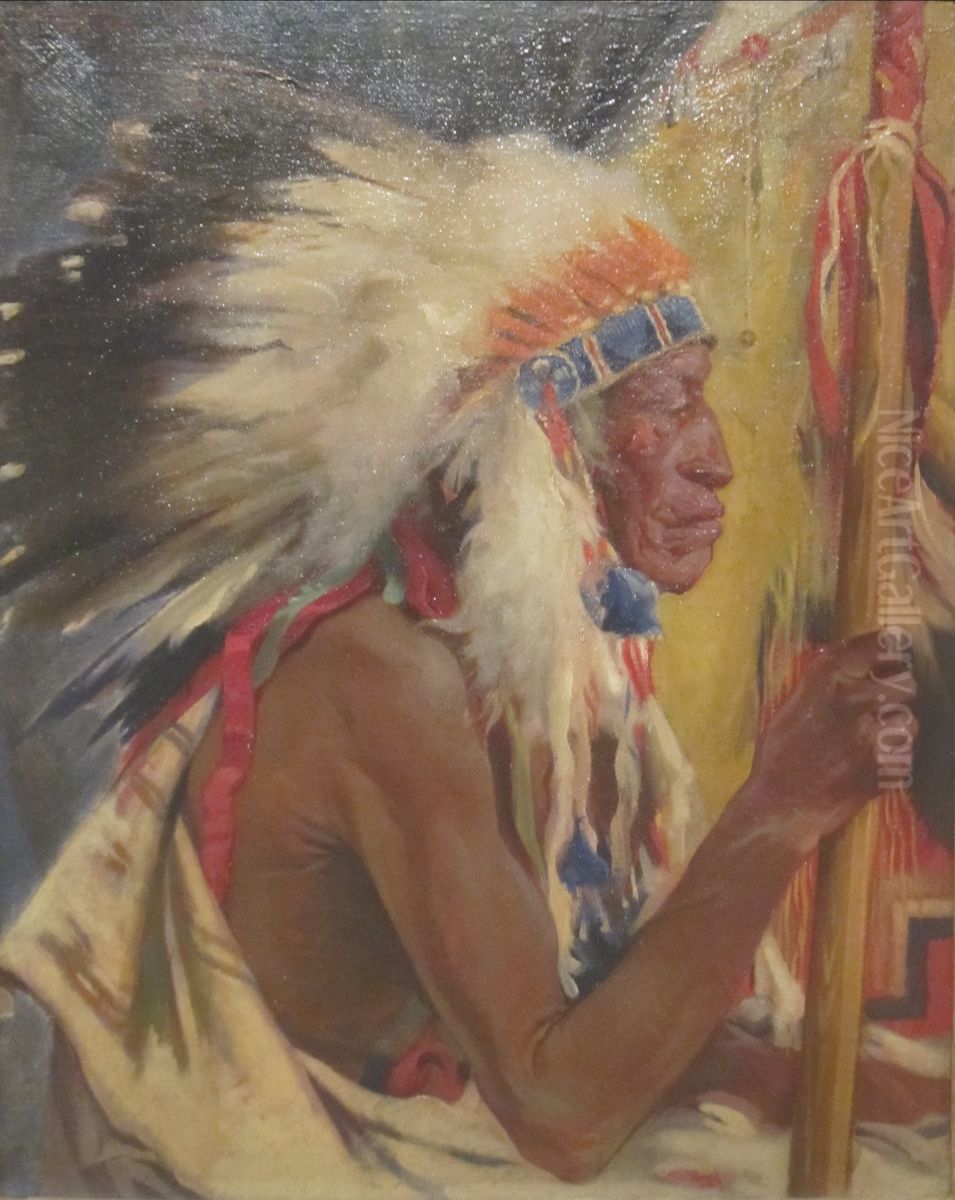 Taos War Chief Oil Painting by Julius Rolshoven