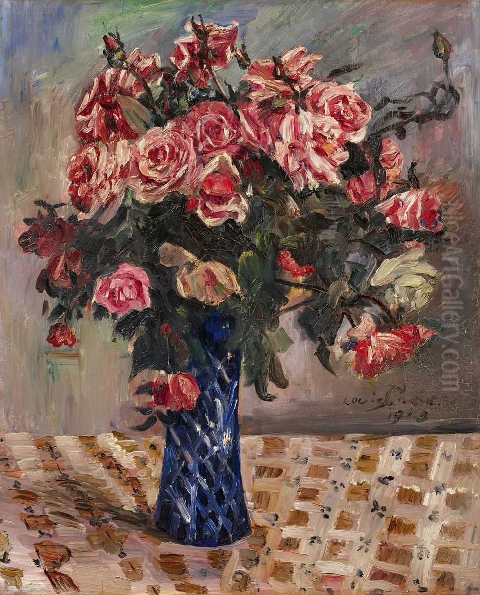 Rote und rosa Rosen in Vase auf Tischtuch Oil Painting by Lovis (Franz Heinrich Louis) Corinth