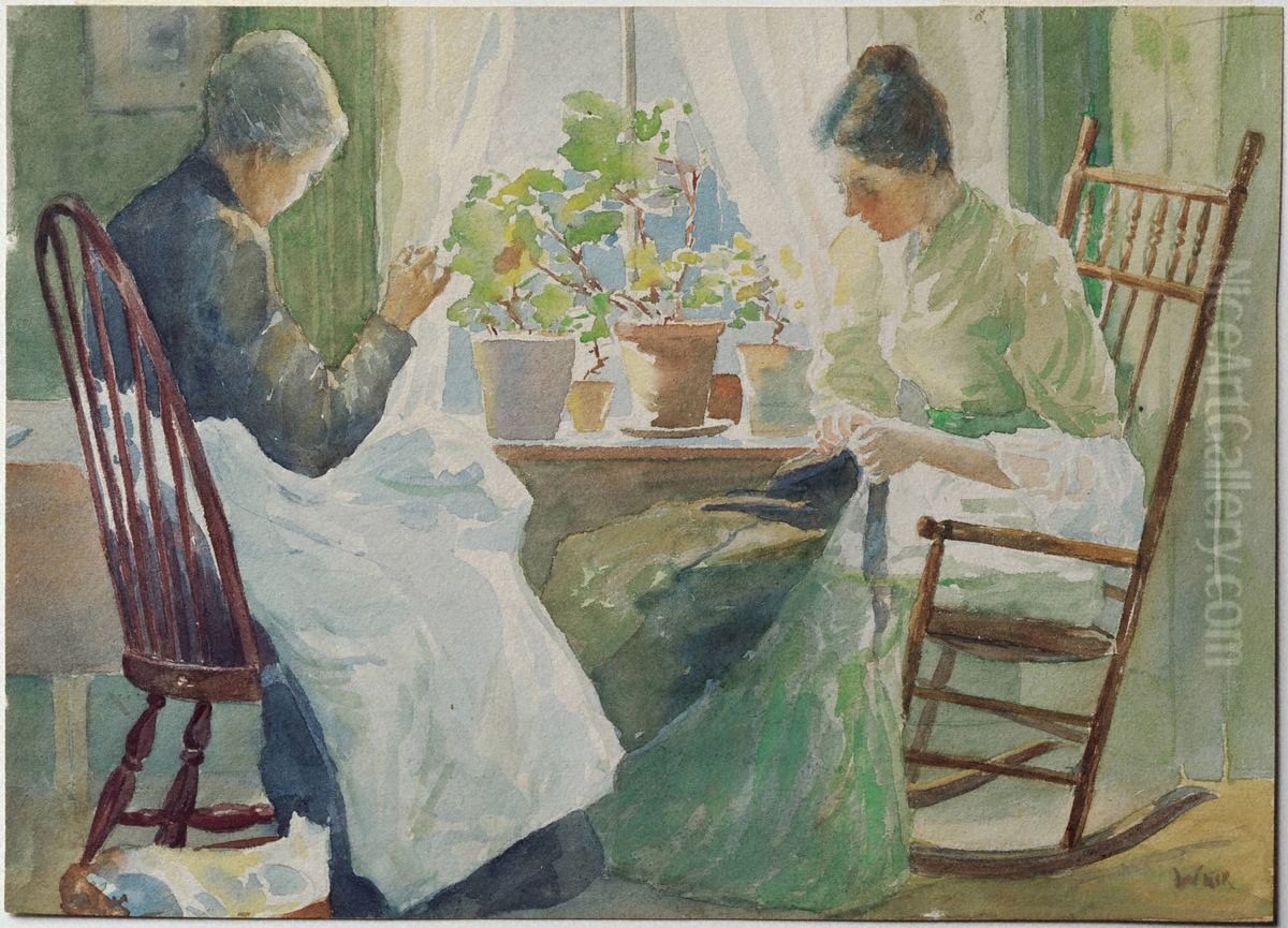 Two Women Sewing Oil Painting by J. Alden Weir