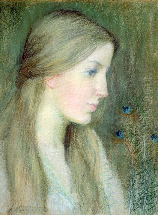 Portrait with Peacock Feathers Oil Painting by J. Alden Weir