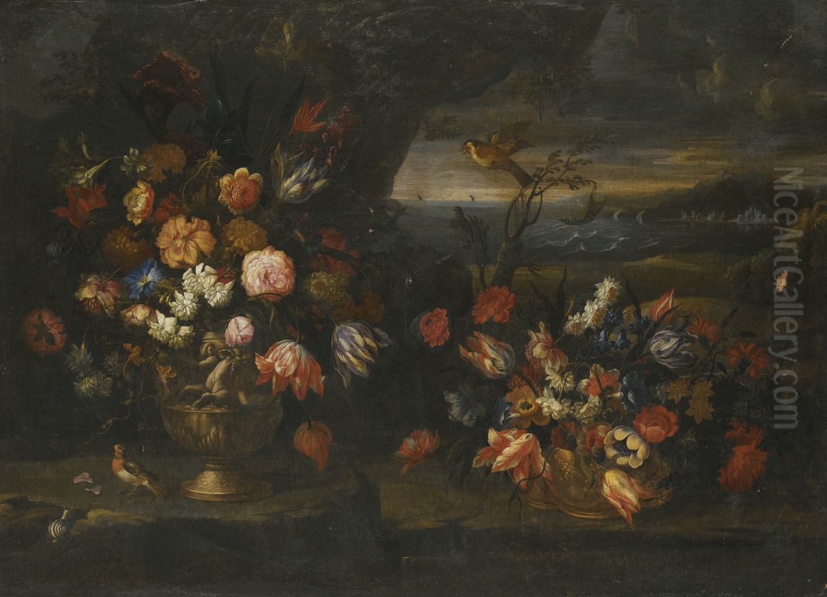 Still Life with Vase of Flowers in a Coastal Landscape Setting (II) Oil Painting by Francesco Caldei