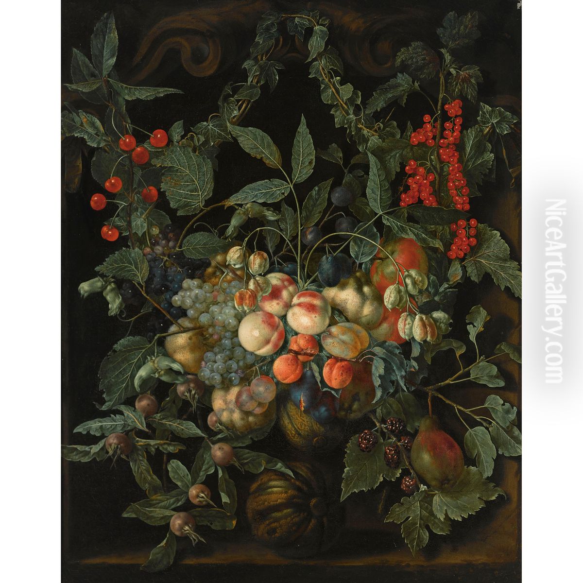 A still life with a garland of peaches, pears, melons, plums, apricots, grapes, apples, berries and cherries. together with ivy and gooseberries, all in a stone niche Oil Painting by 'the other' Jan van Kessel