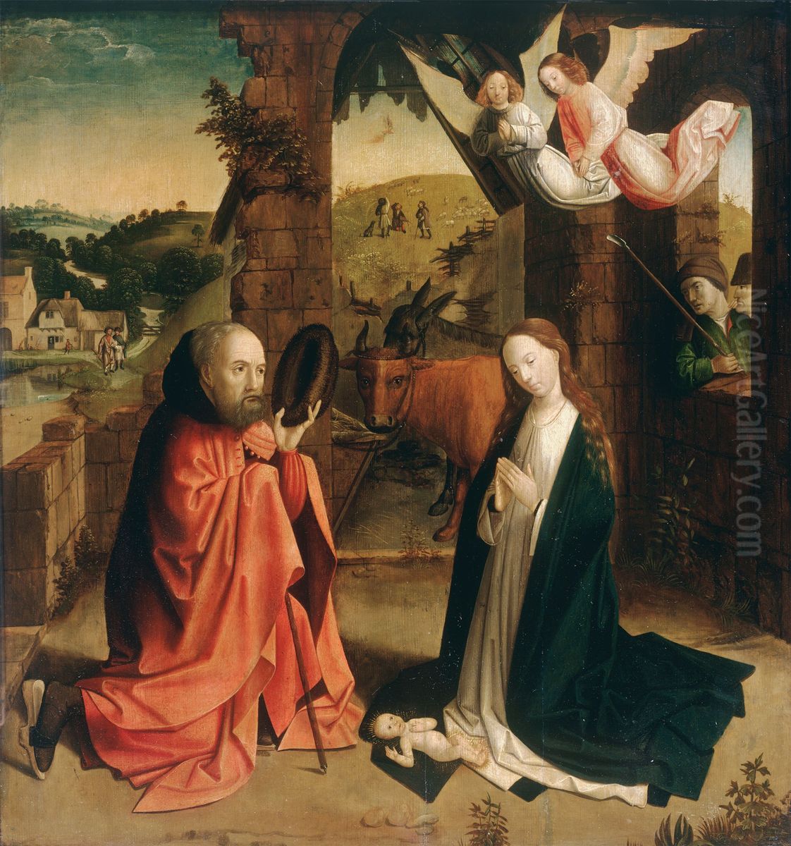 The Nativity, with the Annunciation to the Shepherds in a Landscape Oil Painting by Master of Hoogstraeten