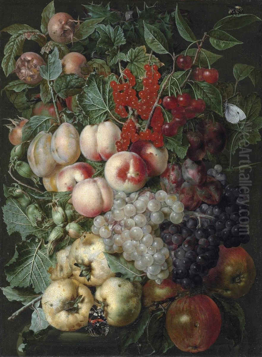 Grapes, peaches, hazelnuts, quinces, redcurrants and other fruit, with a brimstone butterfly, a bumblebee and other insects on a stone capital Oil Painting by 'the other' Jan van Kessel