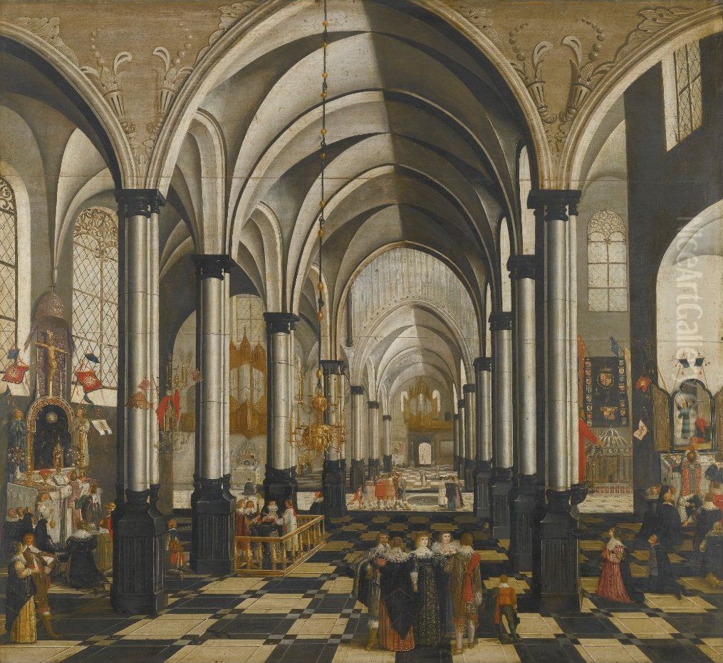 The Interior of a Church, with Elegant Figures Gathered in the Main Aisle and Mass Being Said in a Chapel at Either Side Oil Painting by Albrecht Glockendon the Elder