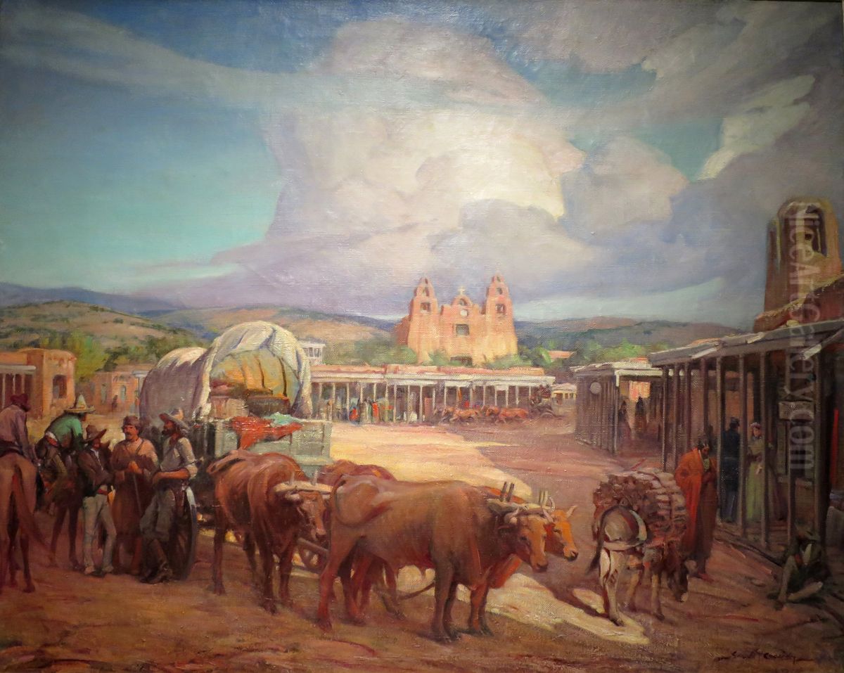 View of Santa Fe Plaza in the 1850s Oil Painting by Gerald Cassidy