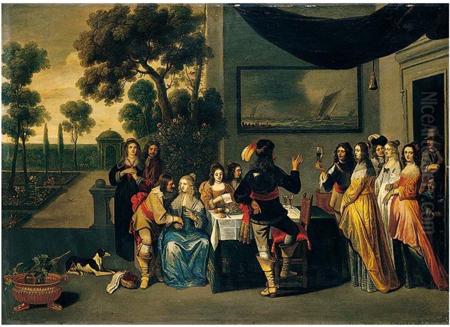 Elegant company on a terrace Oil Painting by Christoffel Jacobsz van der Laemen
