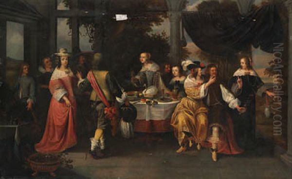 Elegant company at a table Oil Painting by Christoffel Jacobsz van der Laemen