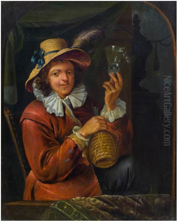Man with wine glass and basket bottle Oil Painting by Francois Xaver Henri Verbeeck