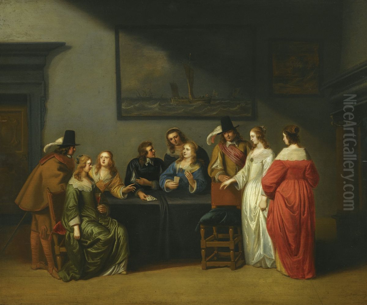 Interior with figures playing cards Oil Painting by Christoffel Jacobsz van der Laemen