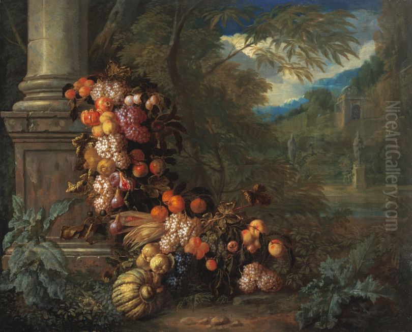 Still life with Fruit in a Landscape Oil Painting by Jan Pauwel Gillemans the Younger