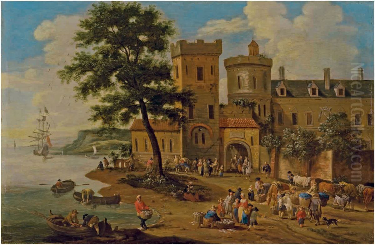 Market Scene in a river at the entrance of a city Oil Painting by Pieter Bout