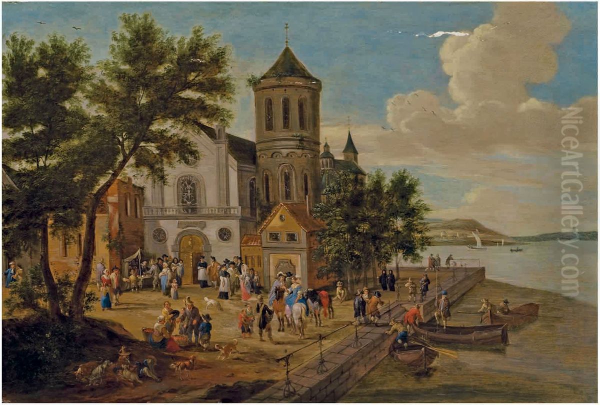 People in front of the village church near a river Oil Painting by Pieter Bout