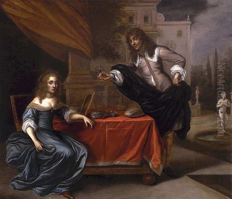 An elegant couple courting in a formal garden Oil Painting by Carel van Savoyen