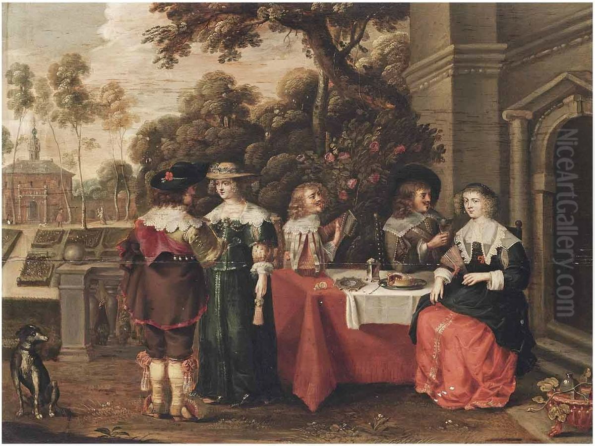 Elegant company eating, drinking and music-making in a garden Oil Painting by Christoffel Jacobsz van der Laemen