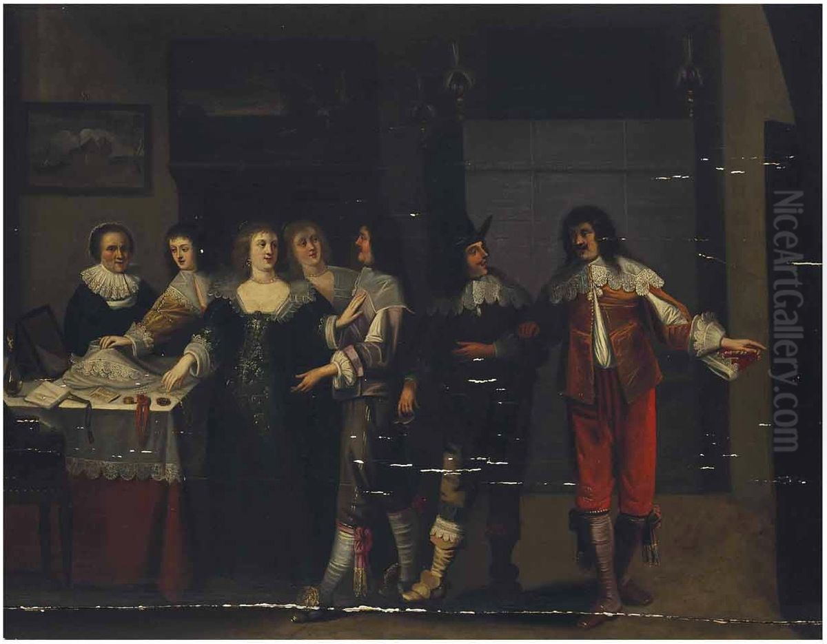 Elegant company admiring a lace collar and other luxurious objects Oil Painting by Christoffel Jacobsz van der Laemen