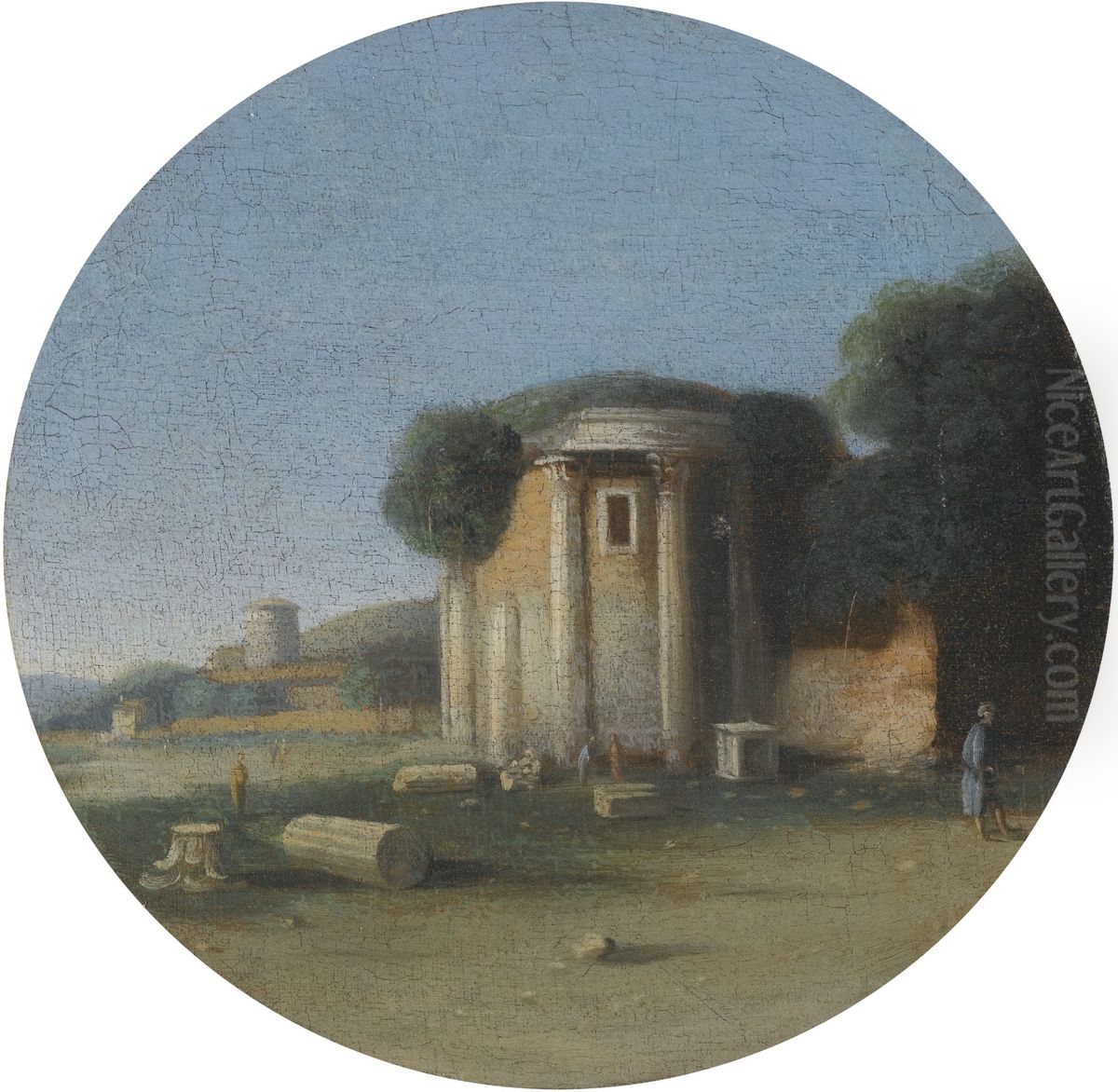 A landscape with figures before an ancient temple Oil Painting by Goffredo Wals