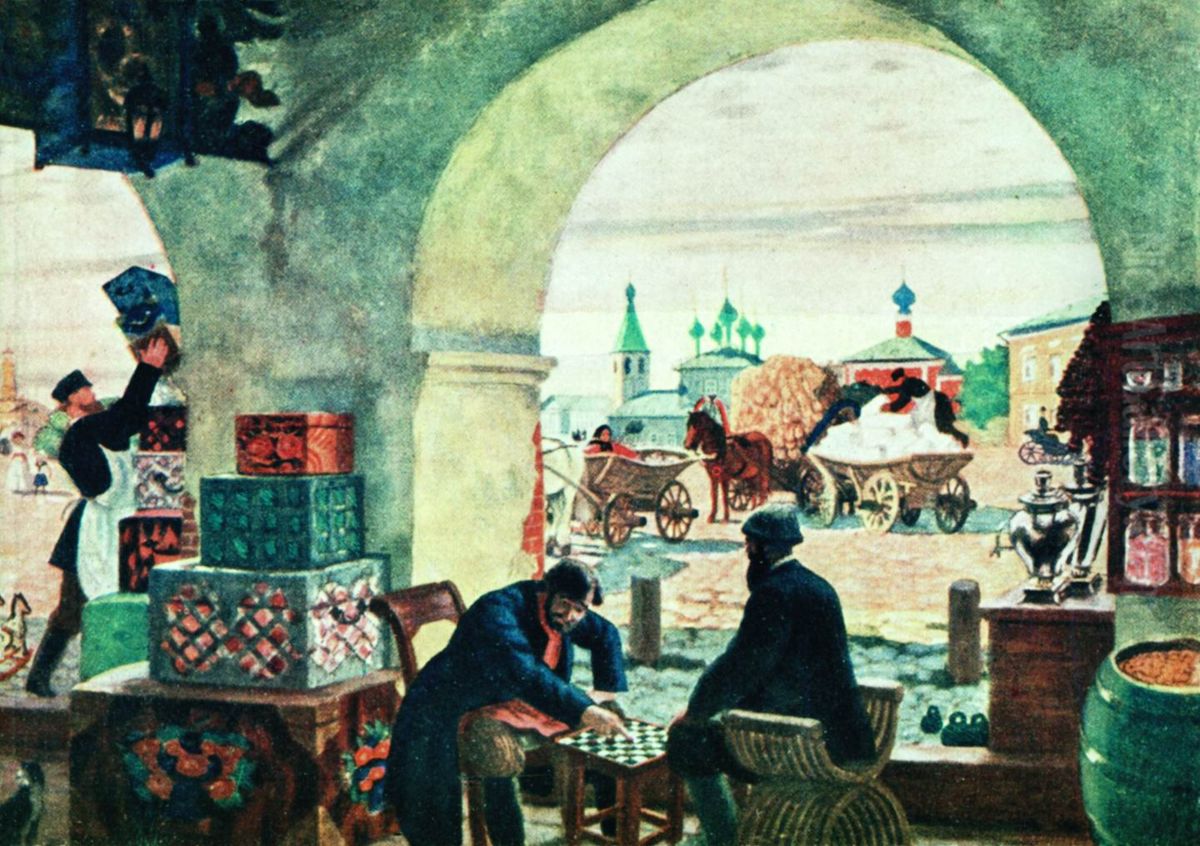 Gostiny Dvor (In a merchant shout) Oil Painting by Boris Kustodiev