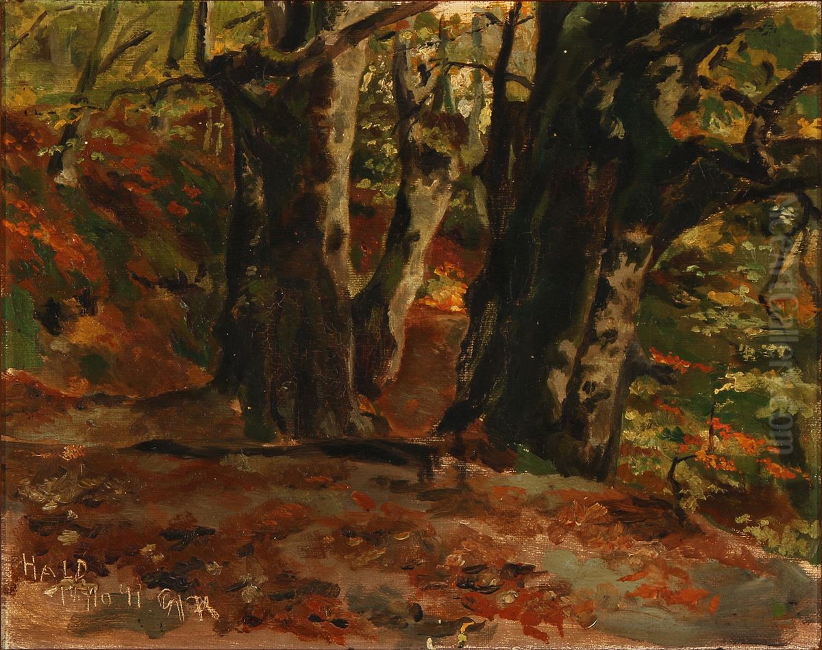 View from a forest [near Hald Lake, Jutland] Oil Painting by Gotfred Rode