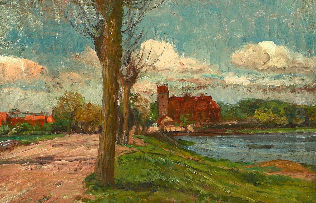 A road leading to a small town with a church. Oil Painting by Albert Gottschalk
