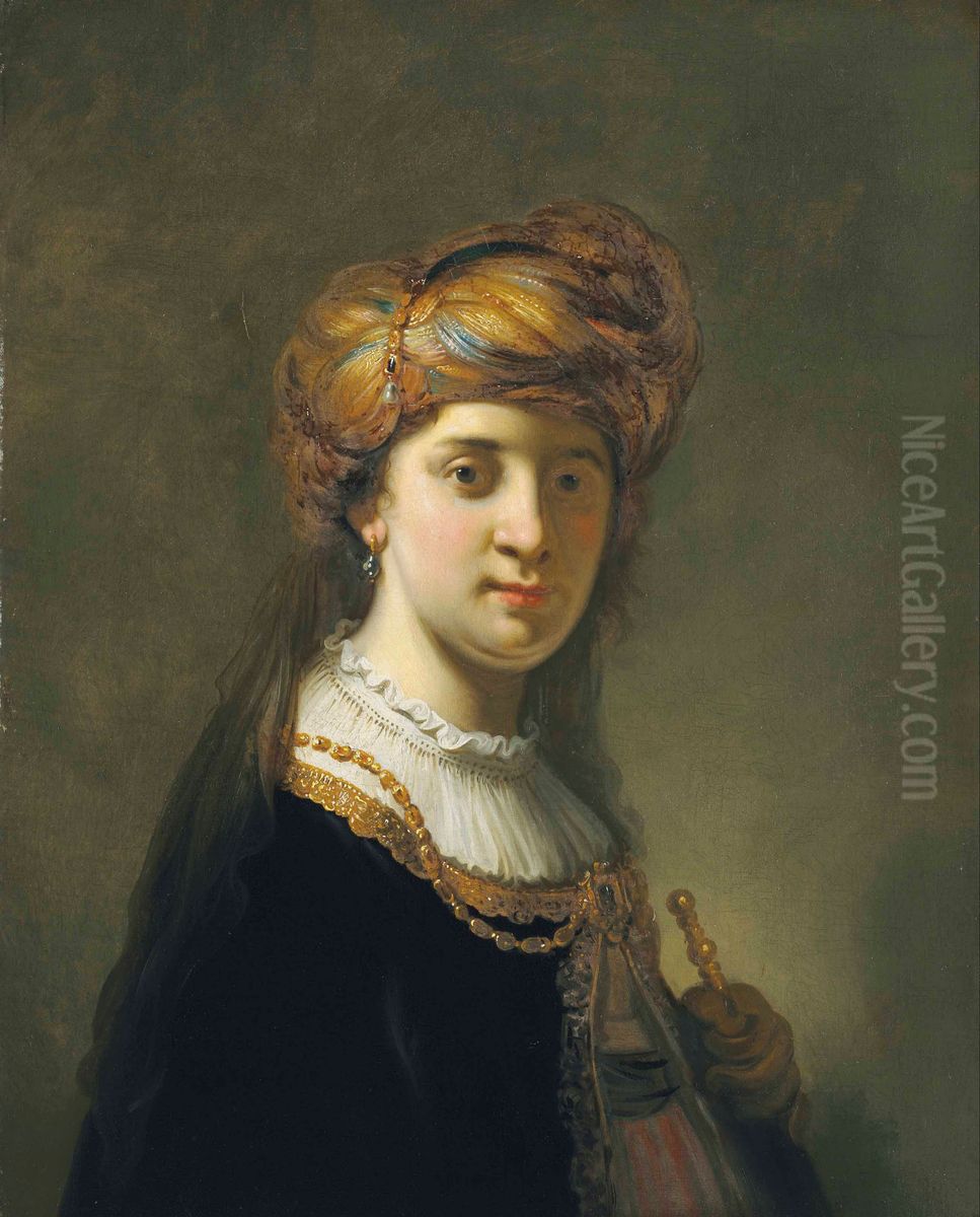 Portrait of a lady in a turban, half-length Oil Painting by Govert Flinck