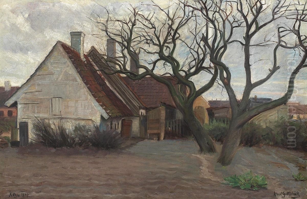 Some houses on the outskirts of Koge. Oil Painting by Albert Gottschalk