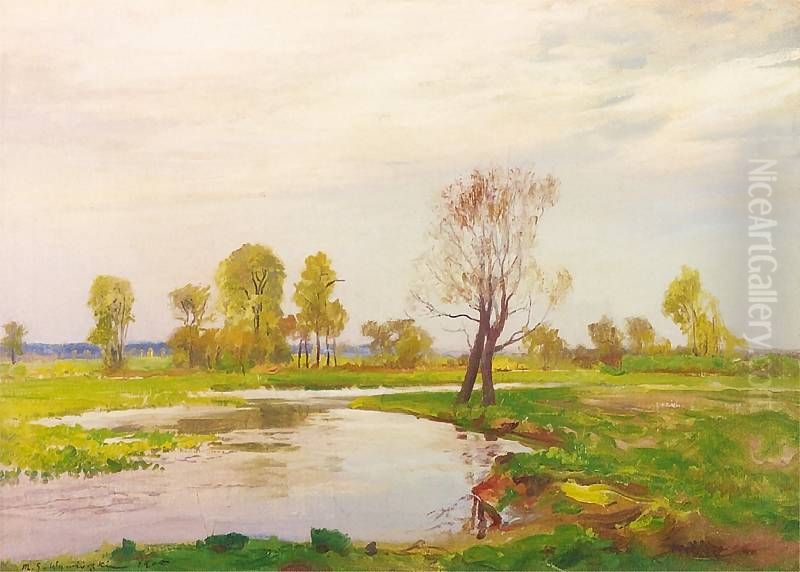Meadow over the Warta river Oil Painting by Michal Gorstkin-Wywiorski