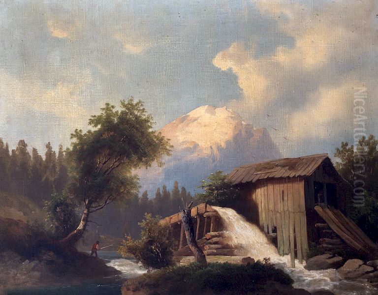 Mountain landscape with a mill Oil Painting by Kamnik Intermunicipal Museum