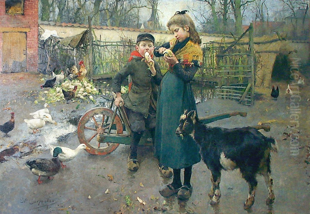 Gouter dans la cour de ferme Oil Painting by Evariste Carpentier