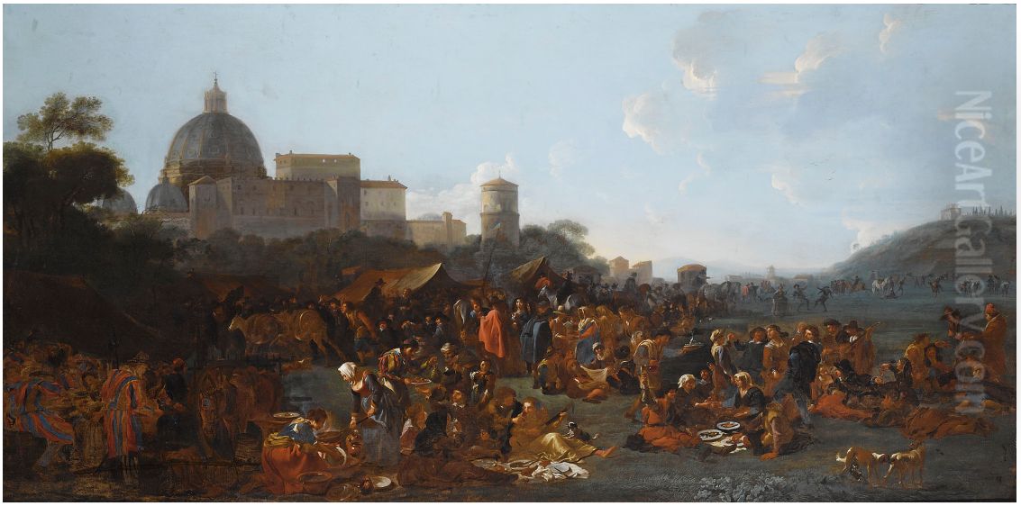 Figures Feasting at a Fair in Prati, Outside the Walls of Rome, with the Saint Peter's Basilica and Monte Mario Beyond Oil Painting by Jan Miel