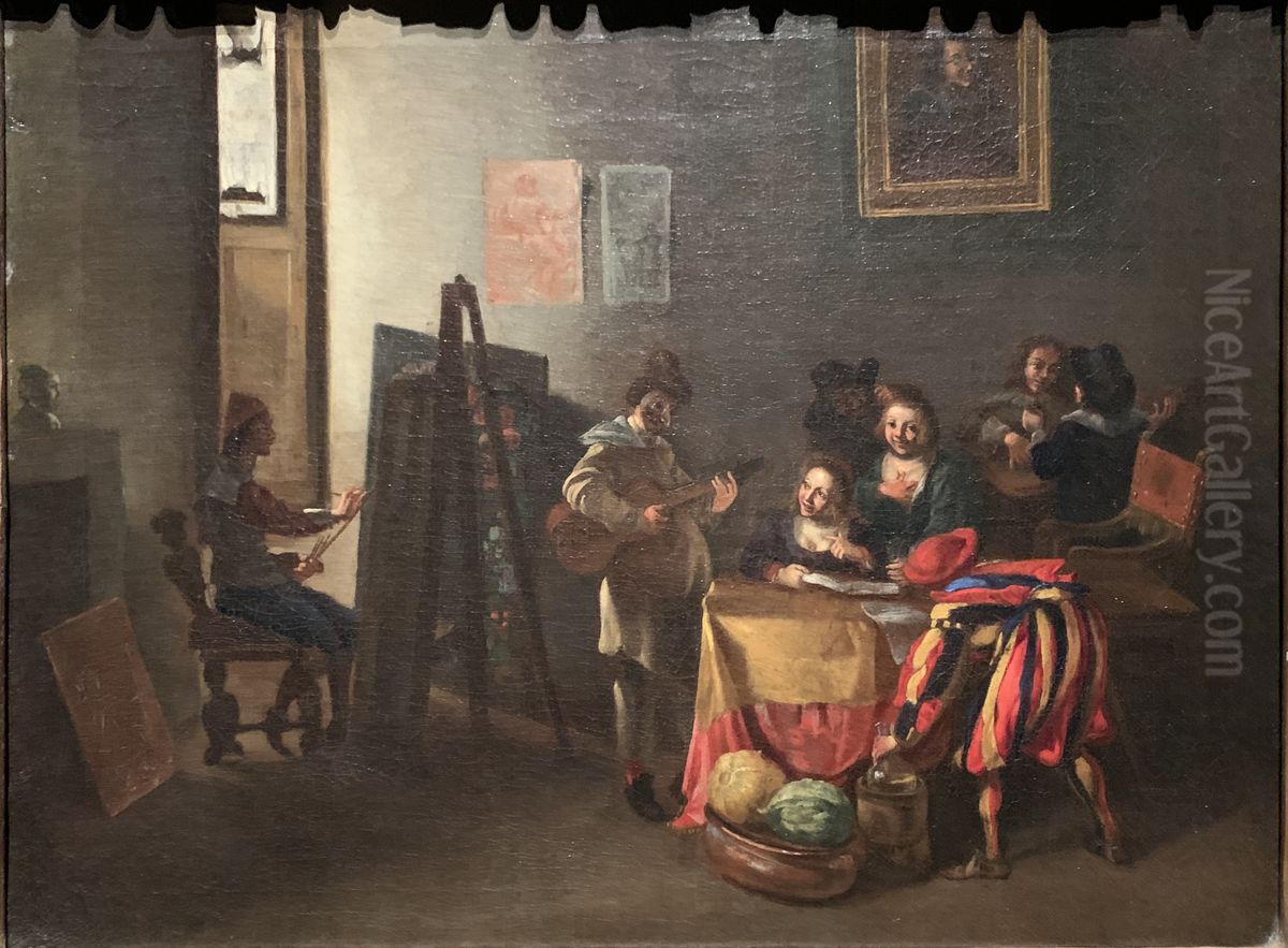 Artist painting a genre scene in his workshop Oil Painting by Michelangelo Cerquozzi
