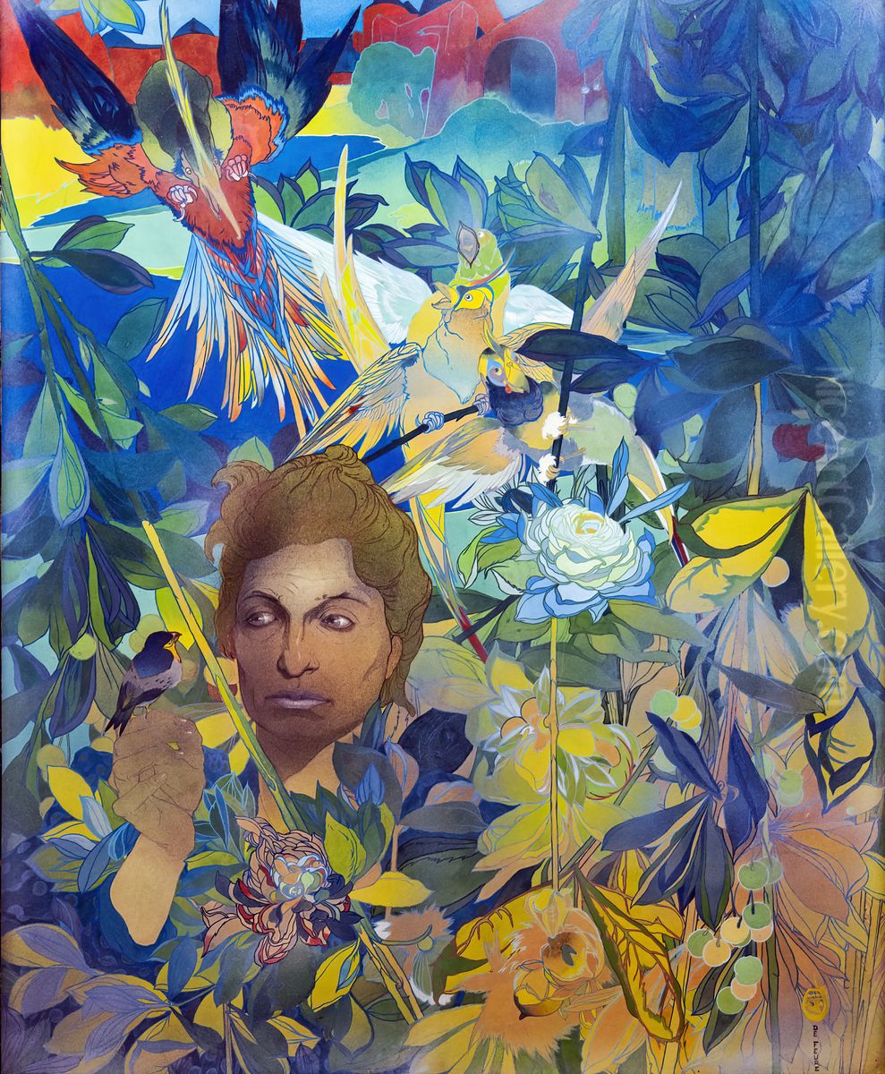 Woman with BirdsorThe Flower Woman Oil Painting by Georges de Feure