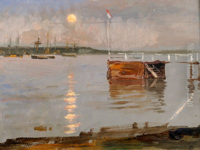 In Jetty in the Moonlight Oil Painting by Albert Edelfelt