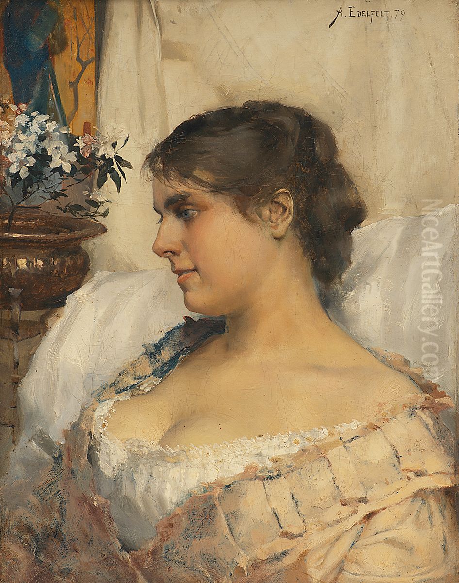 Ung kvinna i sin budoir. Oil Painting by Albert Edelfelt