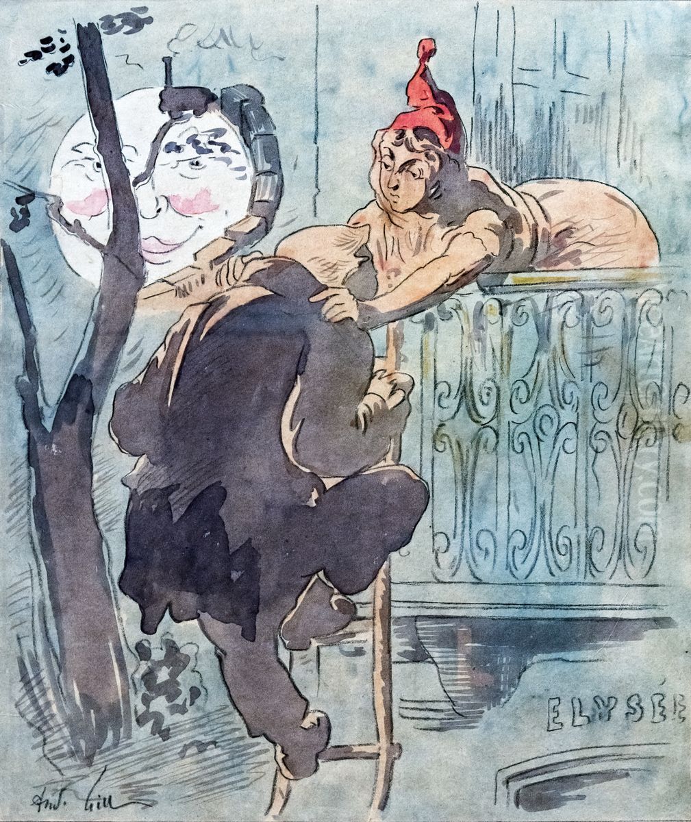 The Marianne repels the intruder from the Elysee Oil Painting by Andre Gill