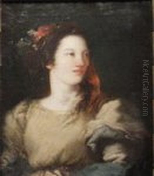 Portrait of young lady with a red bow in the head Oil Painting by Giovanni Domenico Tiepolo