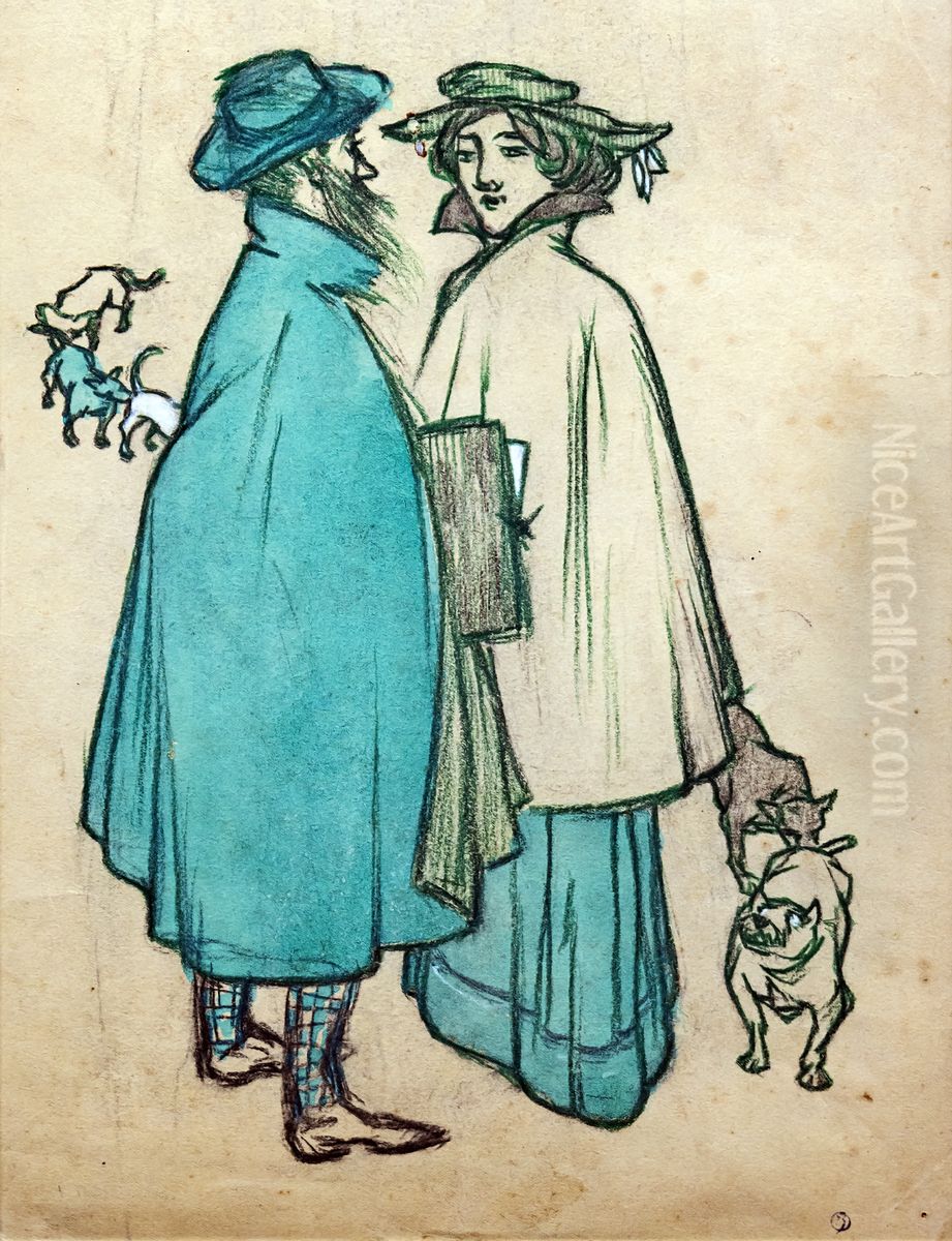 Couple with dogs Oil Painting by Edouard Saunier