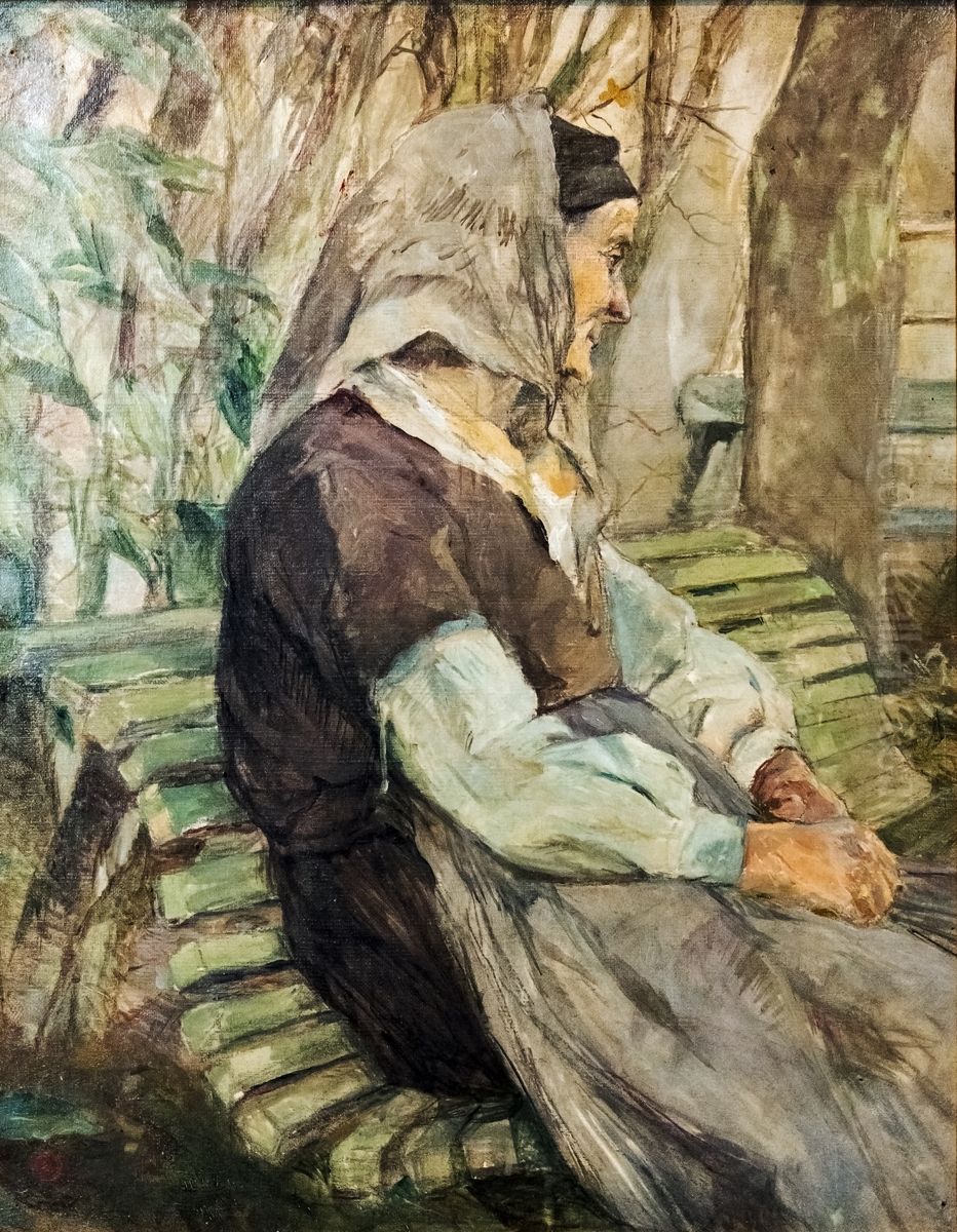 Vieille femme assise sur un banc a Celeyran Oil Painting by Henri De Toulouse-Lautrec
