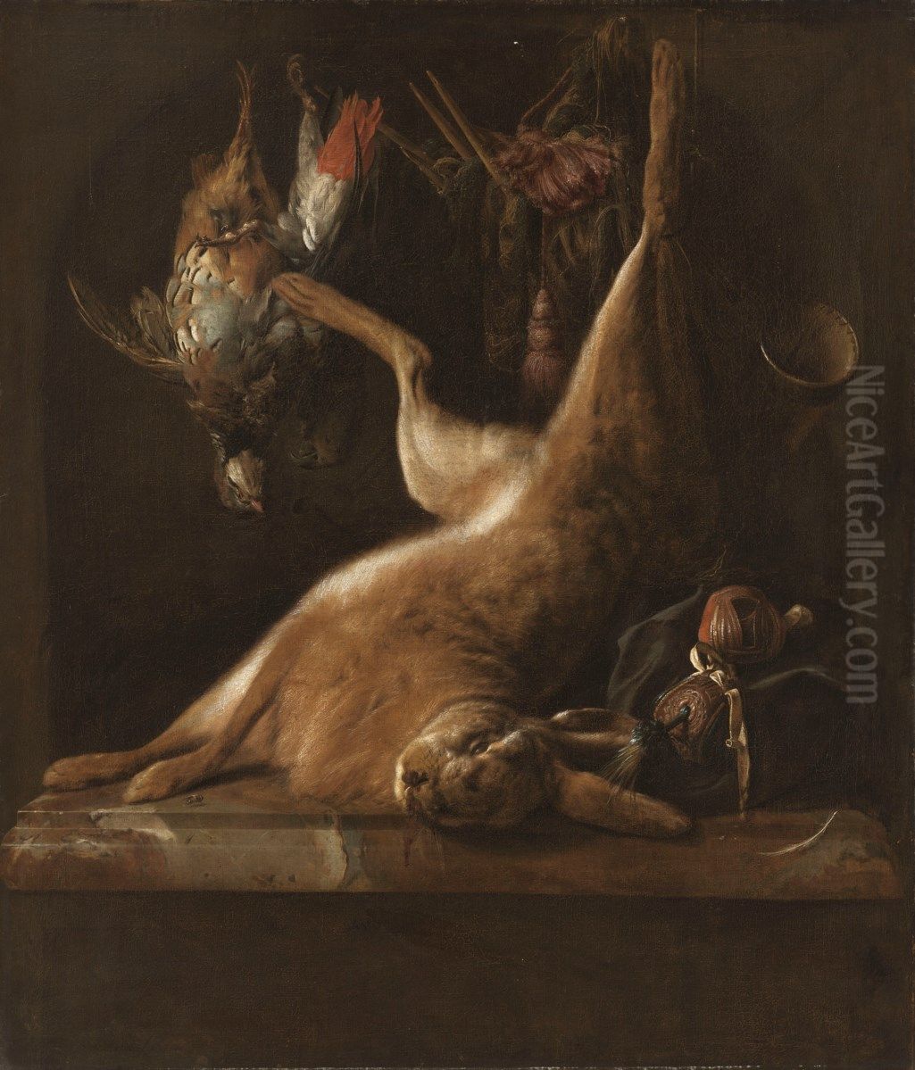 A dead hare and partridge with hawking equiptment on a ledge Oil Painting by Jan Weenix