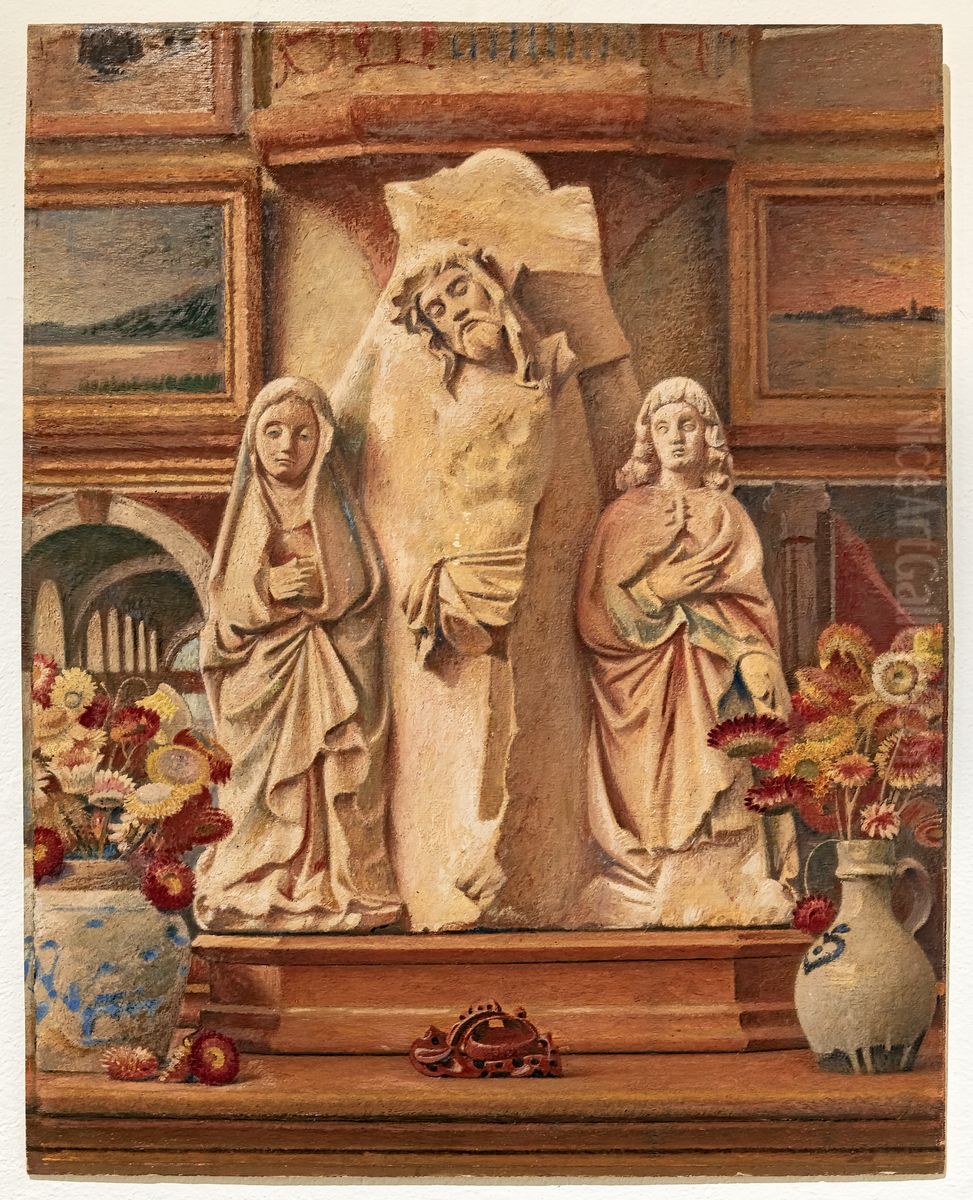 Composition at Calvary and bouquets of immortelles Oil Painting by Henri Rachou