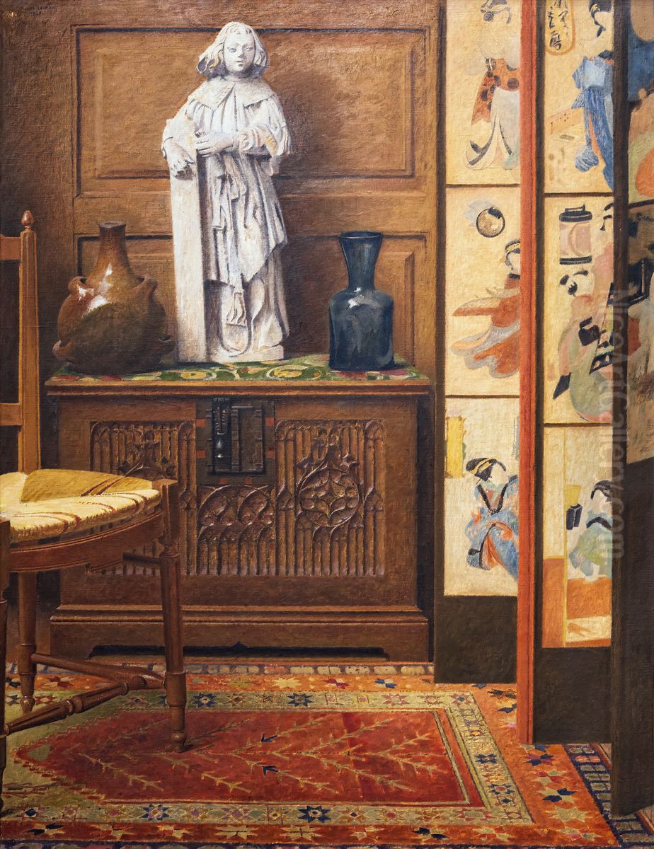 Composition with Japanese screen, chest and medieval sculpture Oil Painting by Henri Rachou
