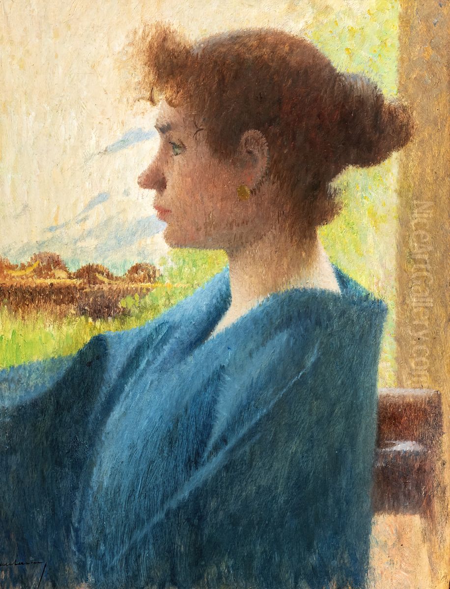 Portrait of a Woman in Blue (Carmen Gaudin) Oil Painting by Henri Rachou