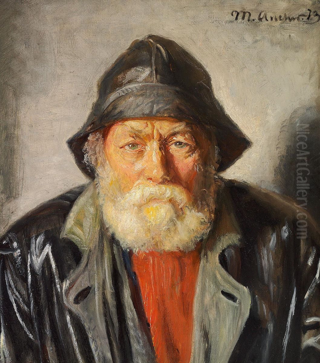 A fisherman wearing a black sou'wester and coat and a red sweater. Oil Painting by Michael Peter Ancher