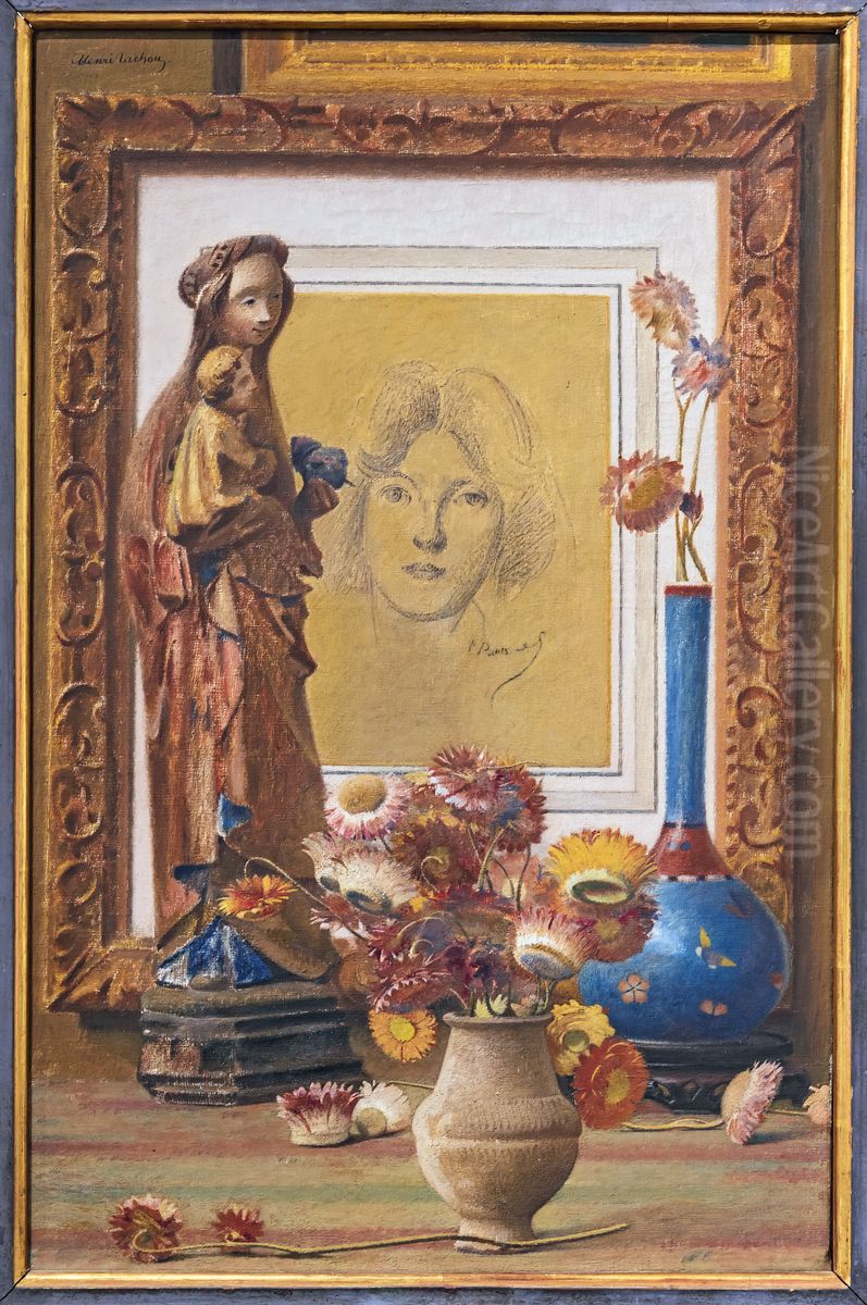 Still life with drawing by Puvis de Chavannes Oil Painting by Henri Rachou